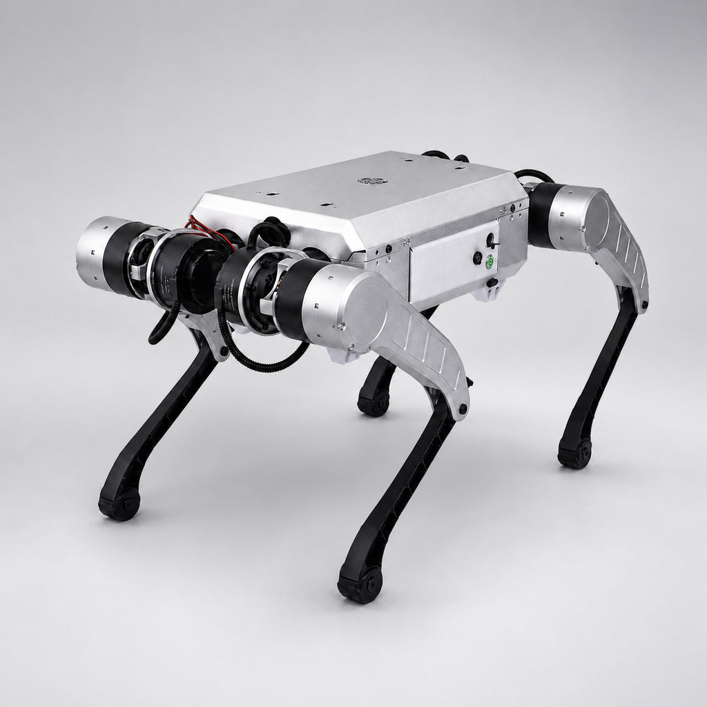 Open-source quadruped robot side view with aluminum frame