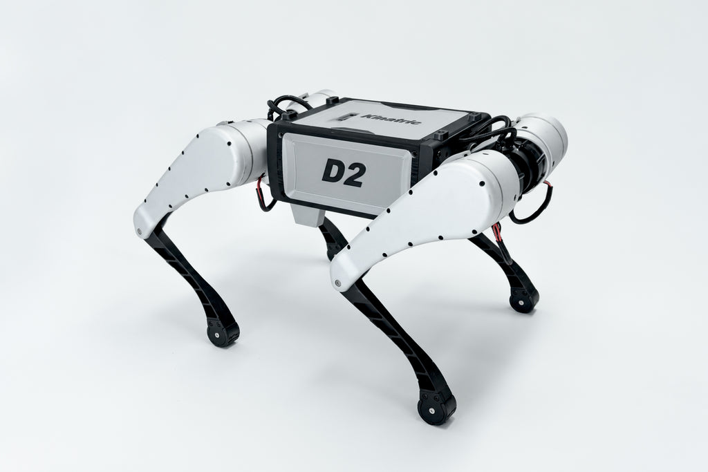 Kinatric D2 quadruped robot in a three-quarter standing view
