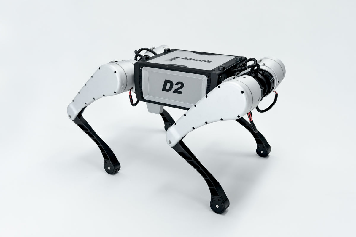 Kinatric D2 quadruped robot in a three-quarter standing view