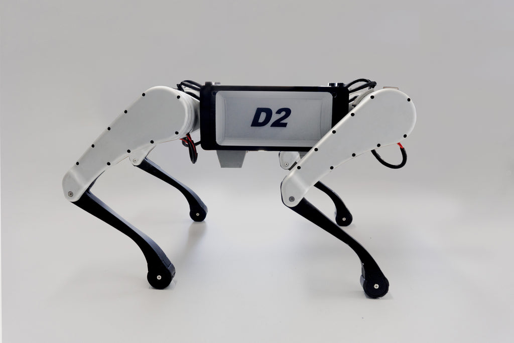 Kinatric D2 quadruped robot standing, side view